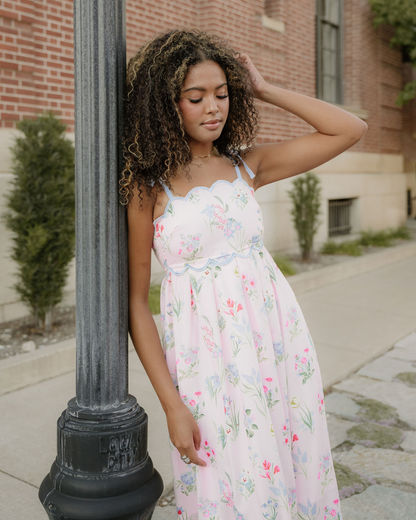 Laylani Contrast Trim Self-tie Straps High Waist Midi Dress