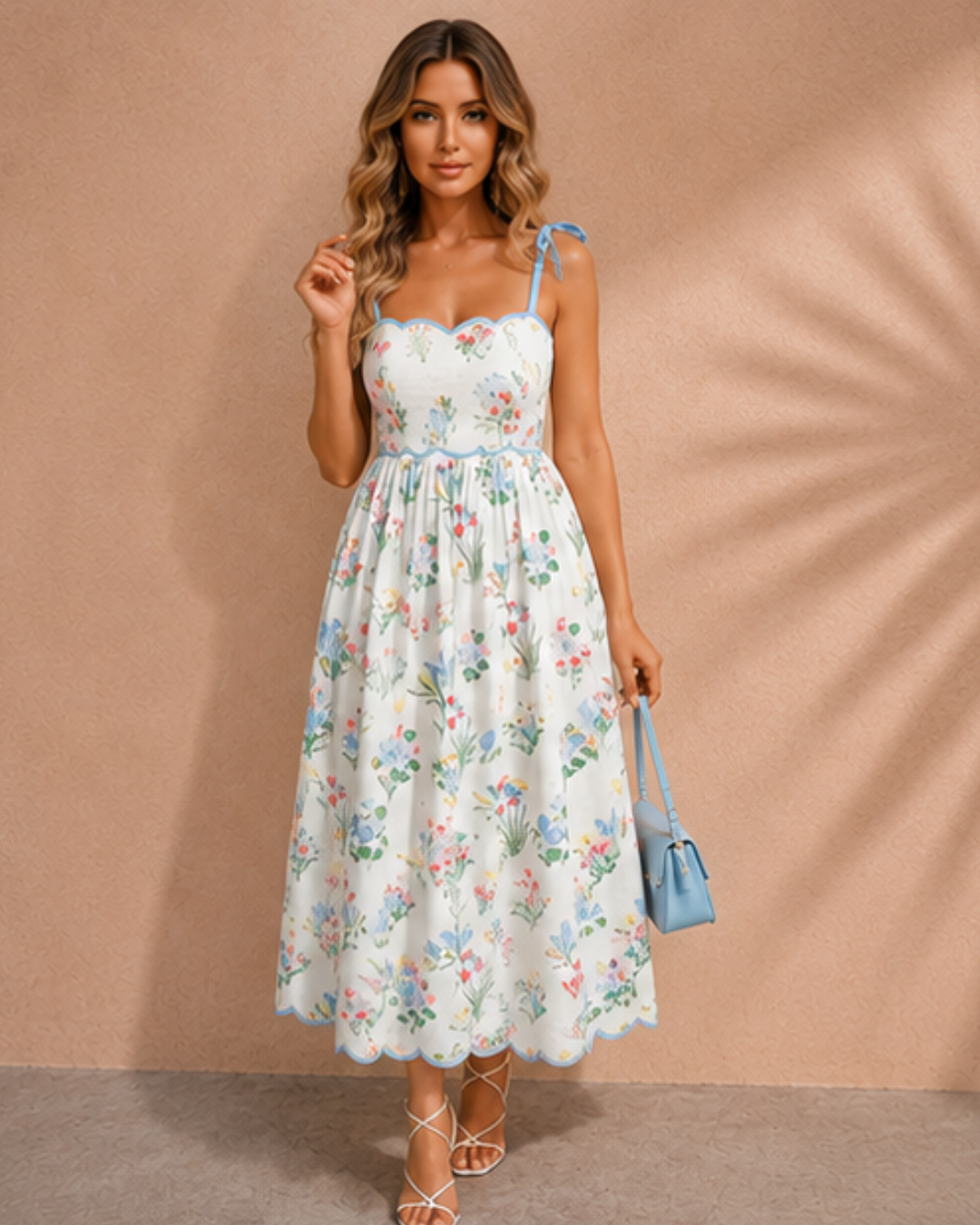Laylani Contrast Trim Self-tie Straps High Waist Midi Dress