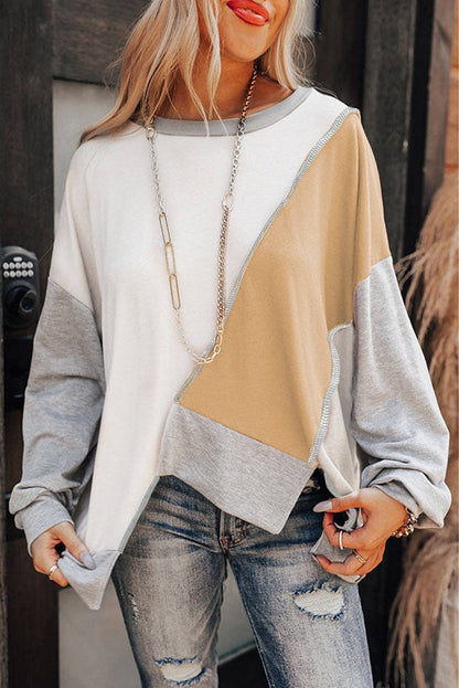 Flaxen Colorblock Stitching Irregular Hem Long Sleeve