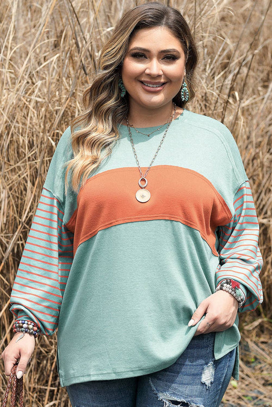 Green Striped Long Sleeve Colorblock Tee