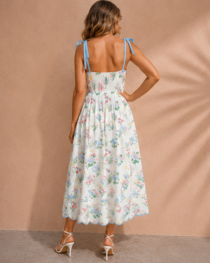 Laylani Contrast Trim Self-tie Straps High Waist Midi Dress
