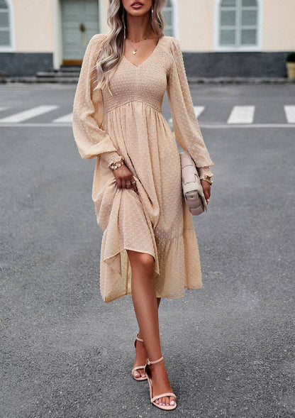 - Apricot Casual V-Neck Lantern Sleeve Long Dress