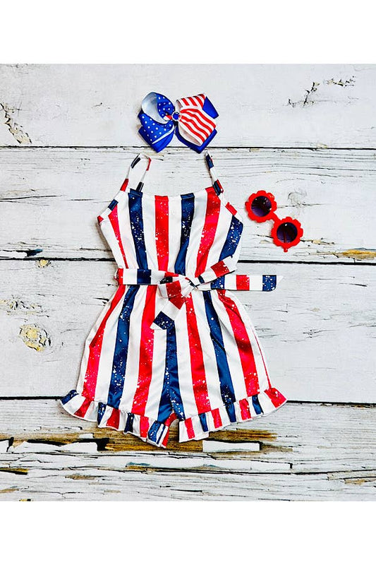 luluclothes - DLH2452 Red, white, & blue patriotic satin girls romper: S-2/3