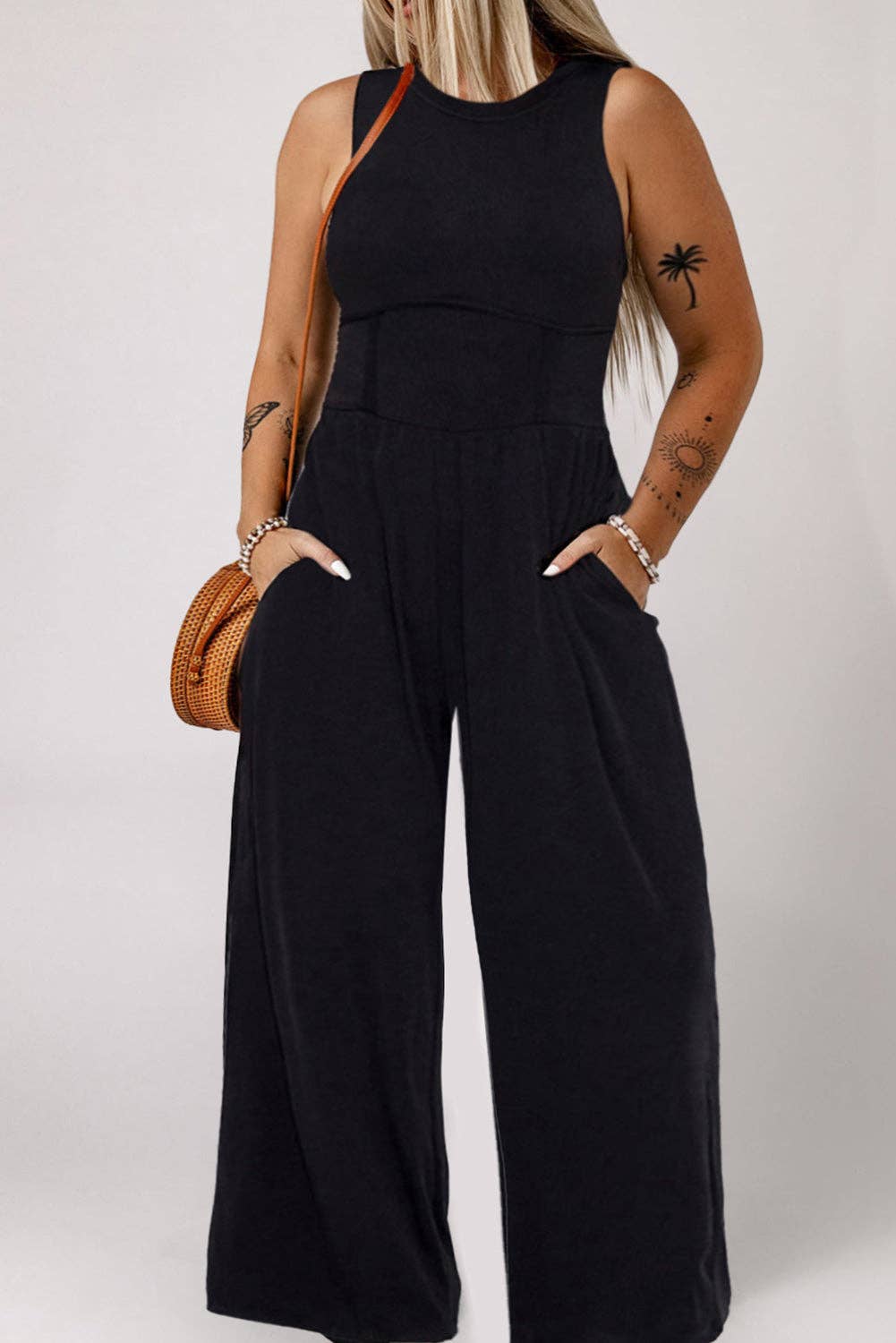 Black Sleeveless Cinched Waist Wide Leg Jumpsuit