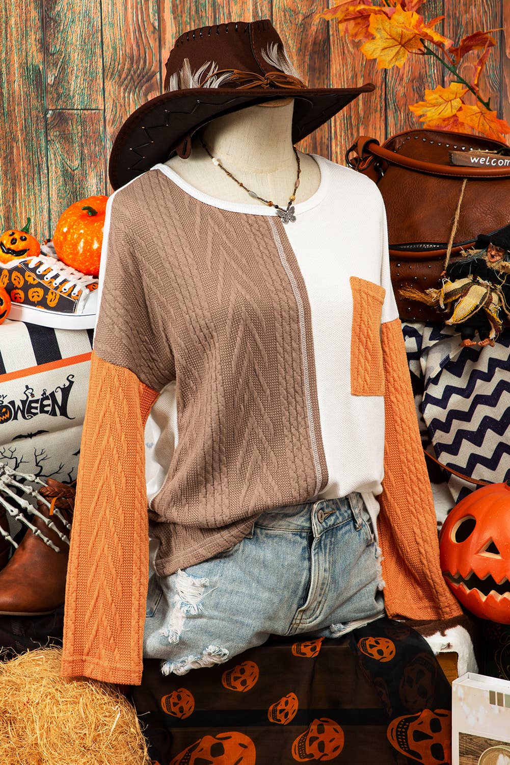 Halloween Long Sleeve Colorblock Pocket Textured Knit Top