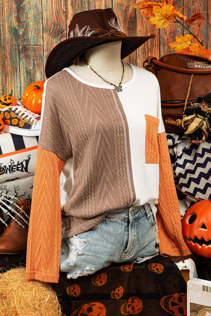 Halloween Long Sleeve Colorblock Pocket Textured Knit Top