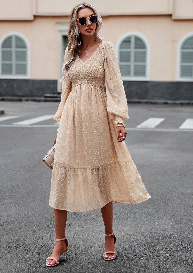 - Apricot Casual V-Neck Lantern Sleeve Long Dress