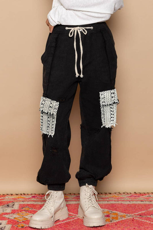 Black Tie waistband contrast crochet cargo pockets denim joggers