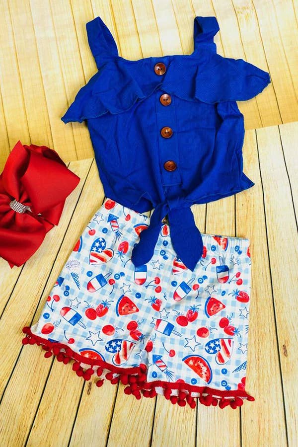 luluclothes - DLH2355 4TH JULY blue top & Stars Striped short girls sets: XXXL