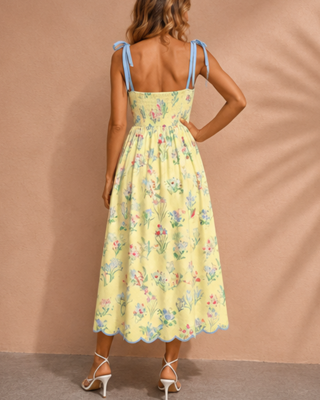 Laylani Contrast Trim Self-tie Straps High Waist Midi Dress