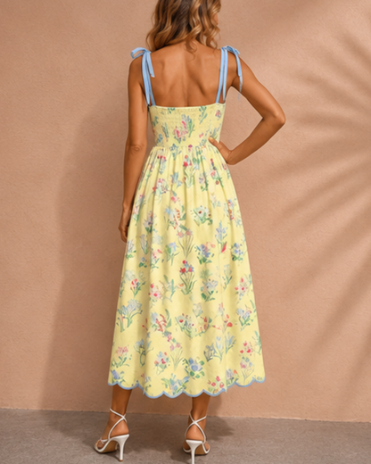 Laylani Contrast Trim Self-tie Straps High Waist Midi Dress
