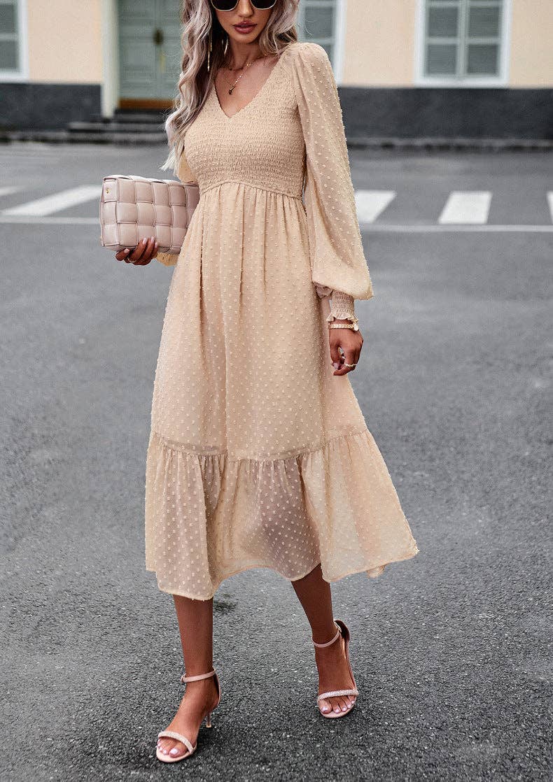 - Apricot Casual V-Neck Lantern Sleeve Long Dress