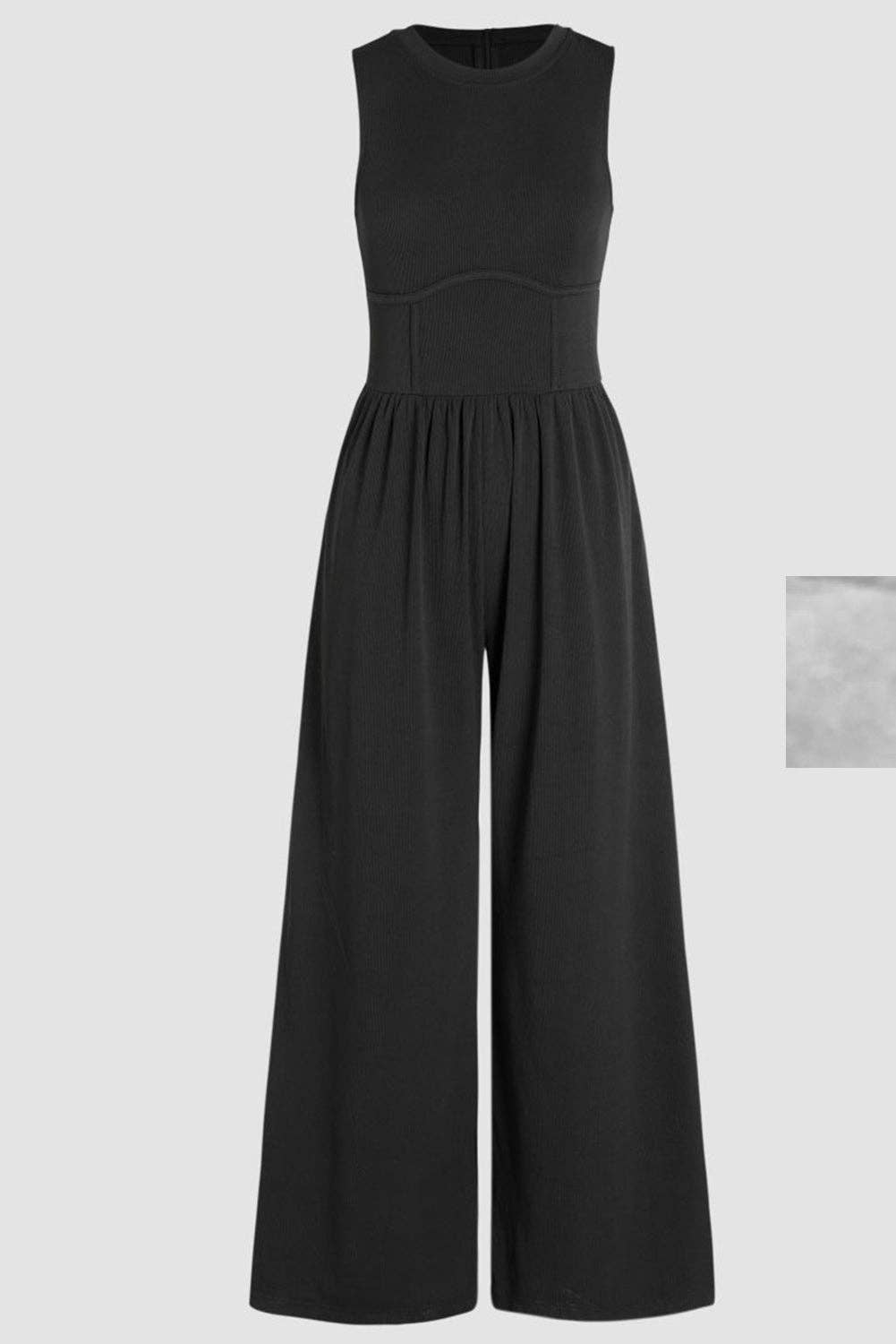 Black Sleeveless Cinched Waist Wide Leg Jumpsuit