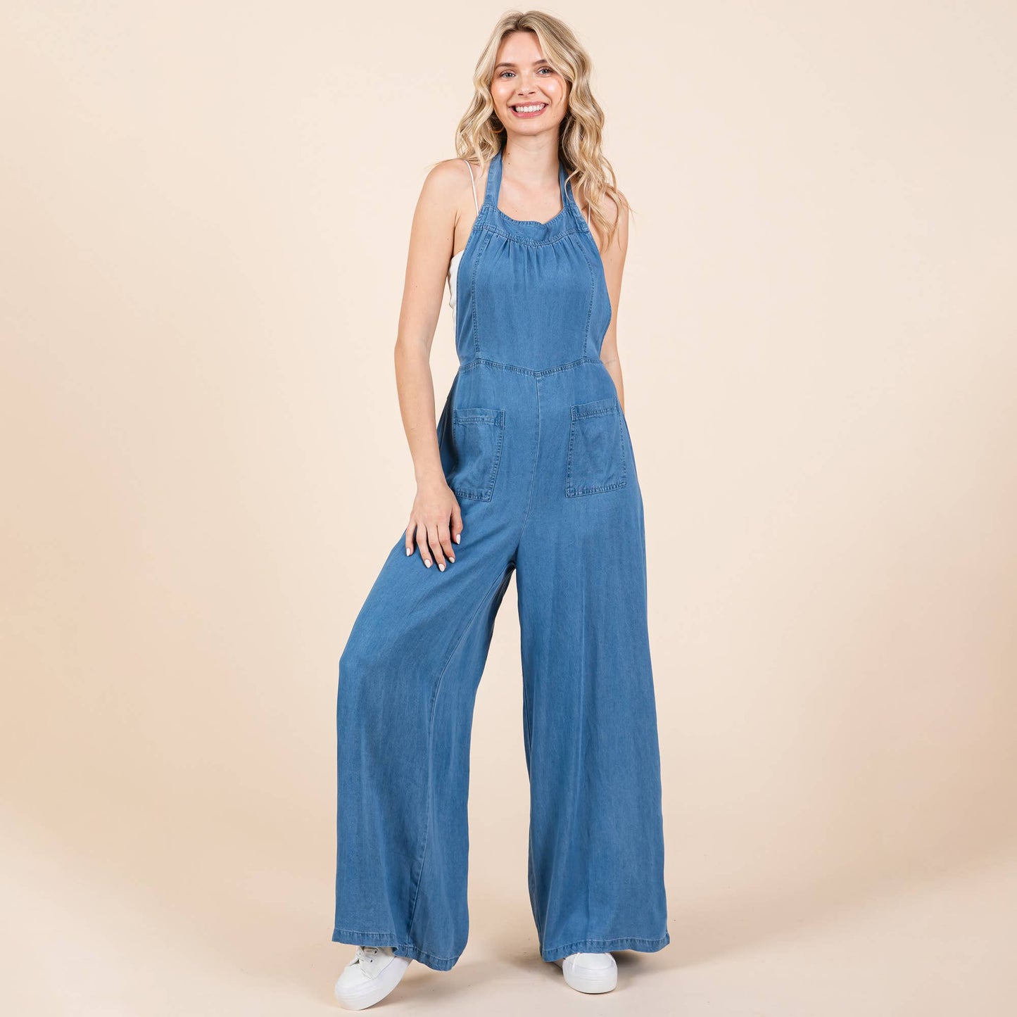 Chambray Open Back Halter Neck Wide Leg Jumpsuit