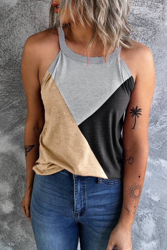 Light French Beige Geometric Color Block Tank