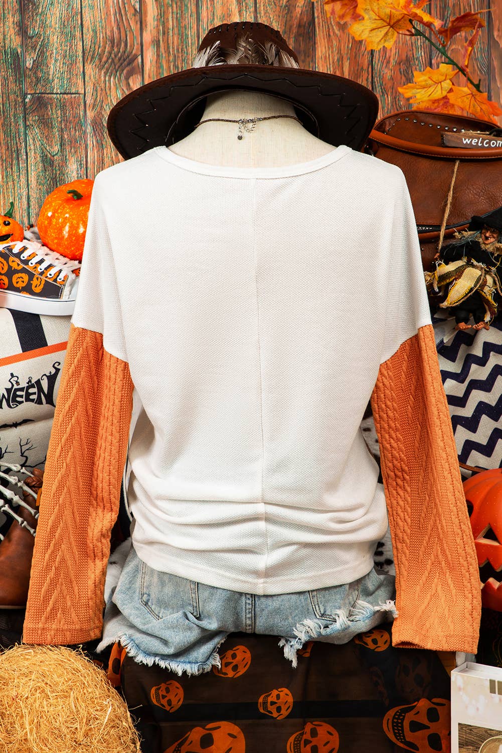 Halloween Long Sleeve Colorblock Pocket Textured Knit Top