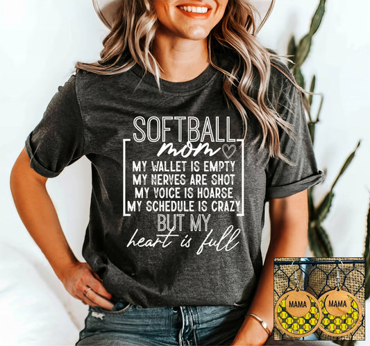 Southern Attitude Designs Inc - Heart is Full- Softball Mom: Gildan Softstyle Charcoal Small Tee