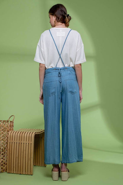 Wide leg chambray overalls