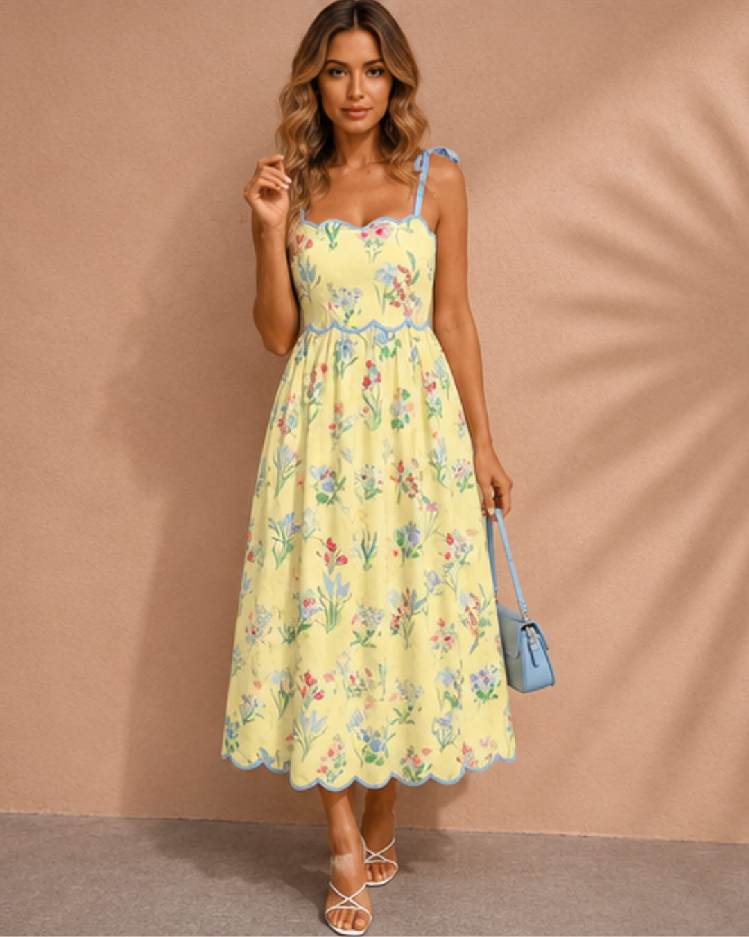 Laylani Contrast Trim Self-tie Straps High Waist Midi Dress