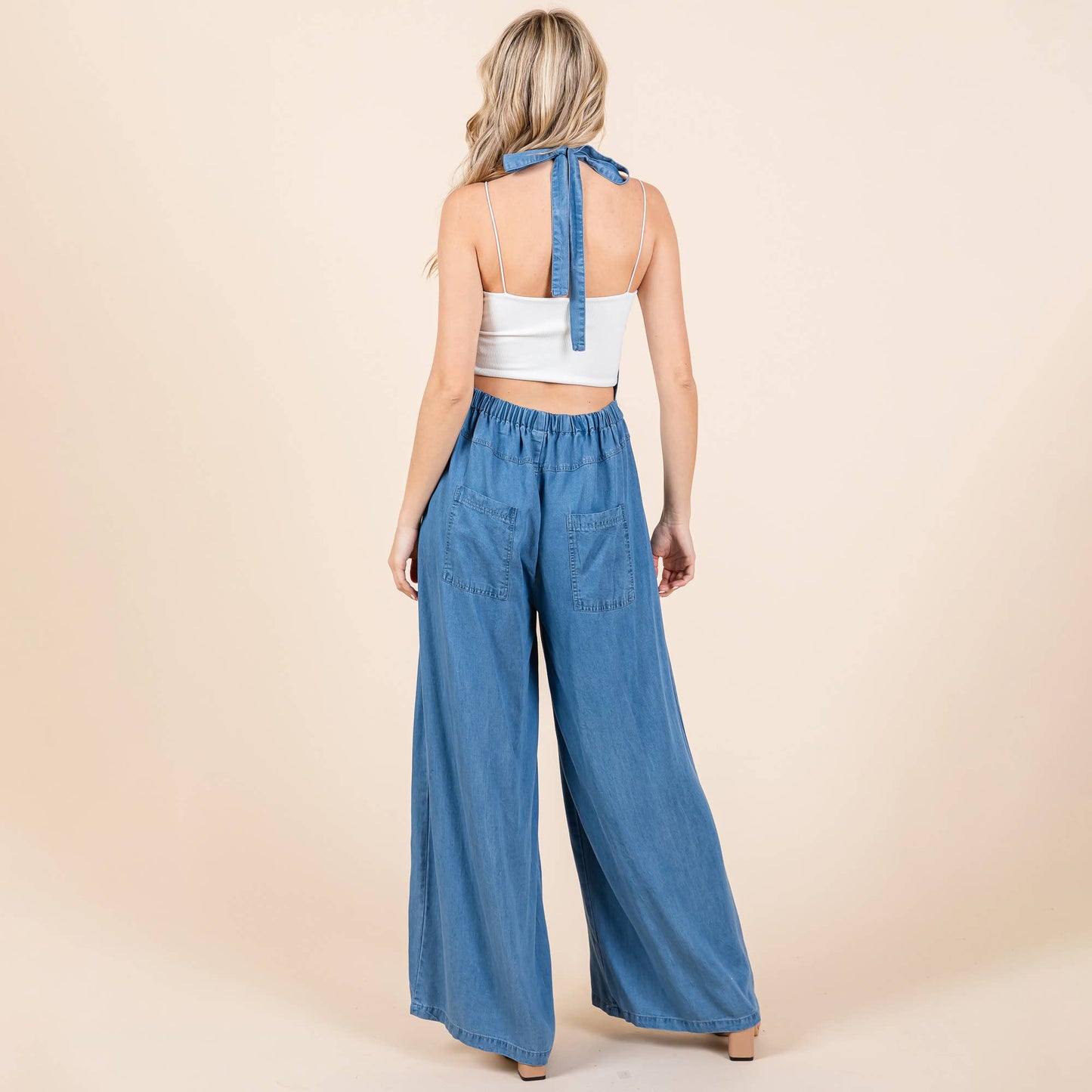 Chambray Open Back Halter Neck Wide Leg Jumpsuit