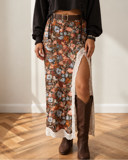 Charlie Lace Trim Split Long Skirt