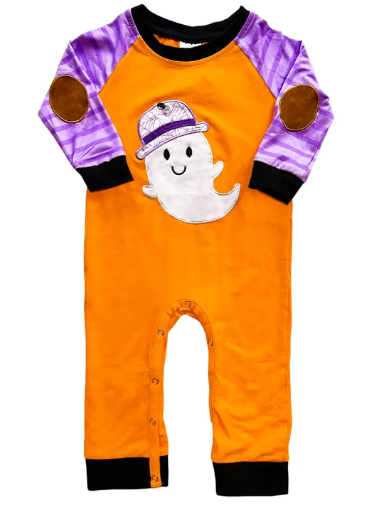 Halloween Ghost Orange Long Sleeve Romper