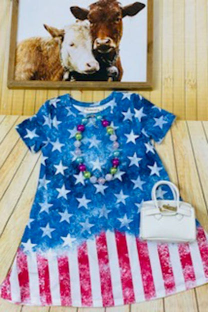 luluclothes - XCH0020-4H Kids blue star & red striped 4th of july dress: XXL-6/7