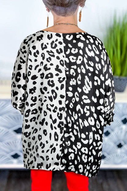 Black Contrast Leopard Half Sleeve Blouse