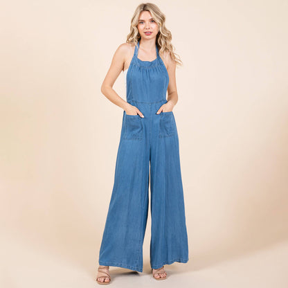 Chambray Open Back Halter Neck Wide Leg Jumpsuit