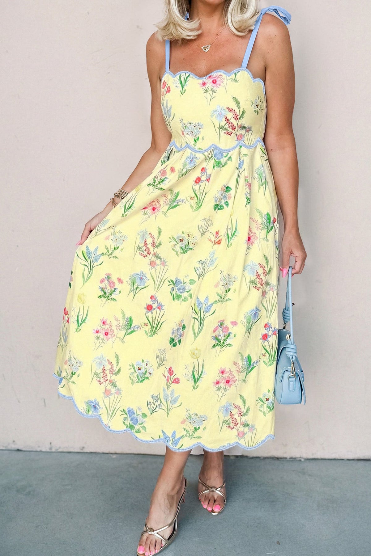 Laylani Contrast Trim Self-tie Straps High Waist Midi Dress