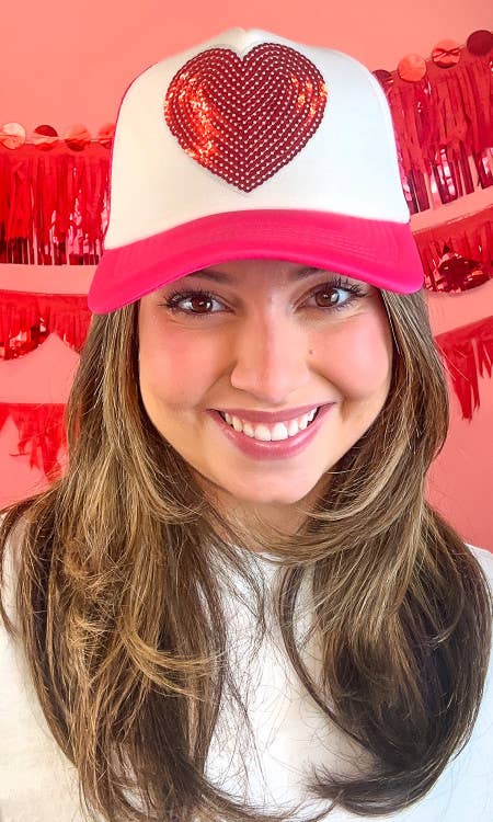 Sparkle Heart Trucker Hat: Hot Pink/White