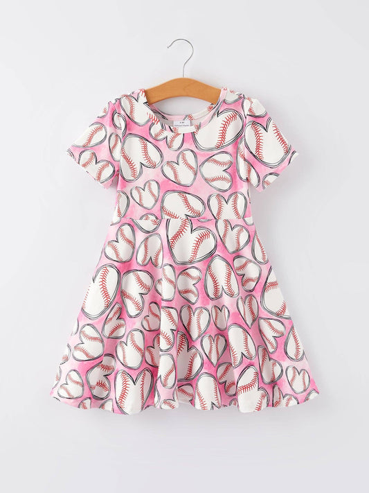 Baseball Print Milk Silk Girls Pink Dress