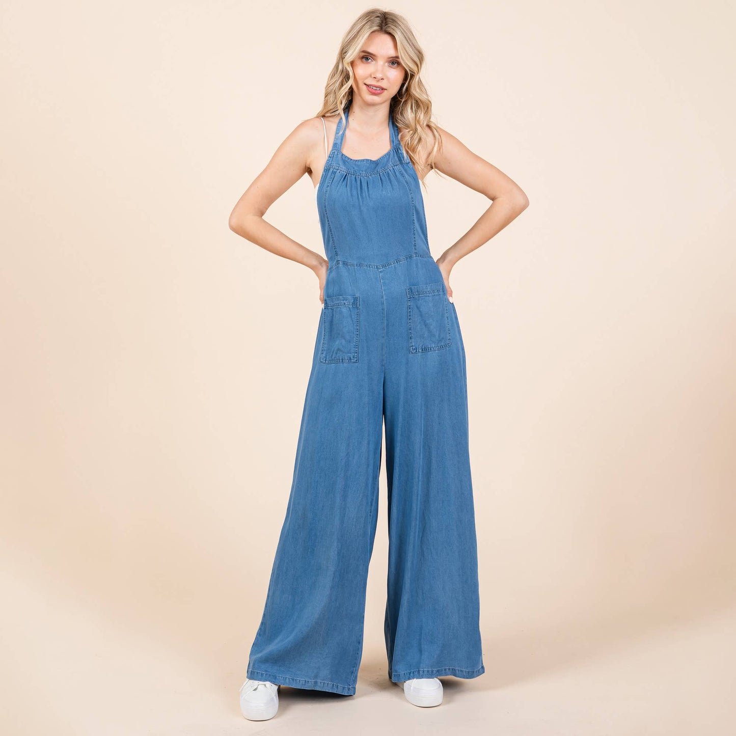 Chambray Open Back Halter Neck Wide Leg Jumpsuit