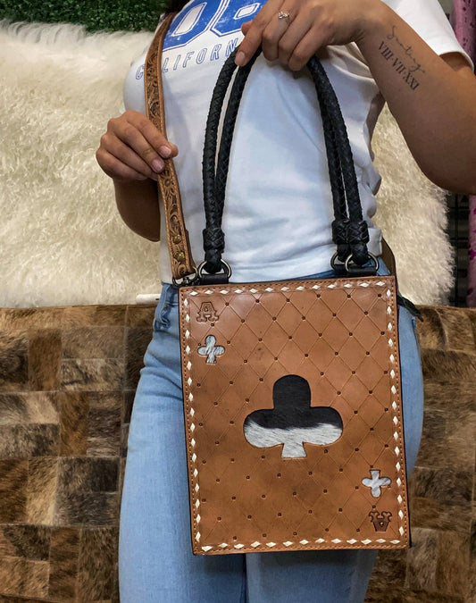 Black Tooled Cowhide Crossbody Aces