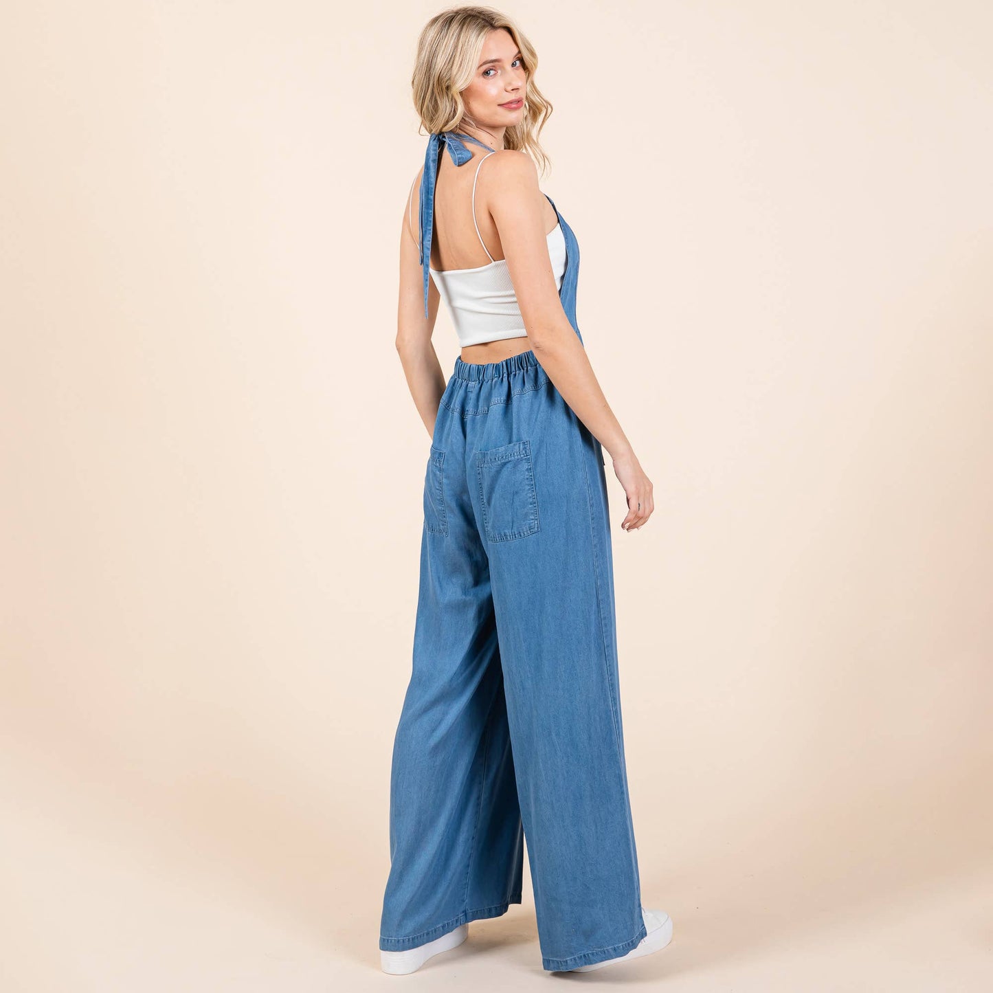 Chambray Open Back Halter Neck Wide Leg Jumpsuit