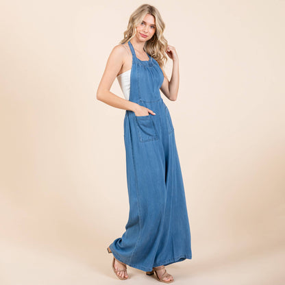 Chambray Open Back Halter Neck Wide Leg Jumpsuit