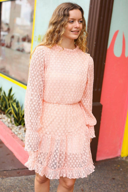 - Peach Pleated Lace Bubble Sleeve Lined Dress