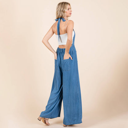 Chambray Open Back Halter Neck Wide Leg Jumpsuit