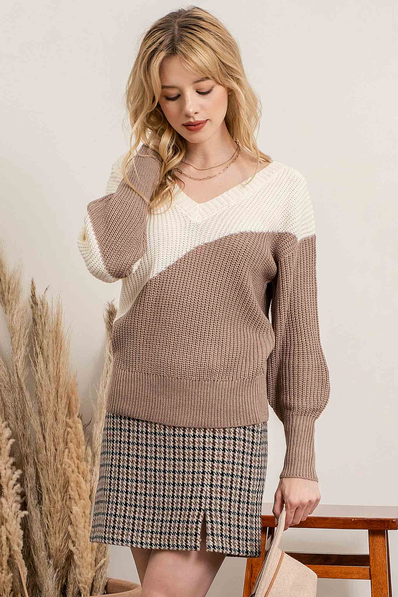 Oatmeal knit colorblock sweater