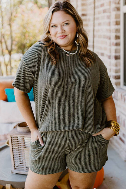 Green Rib Knit Short Sleeve Top and Shorts Set