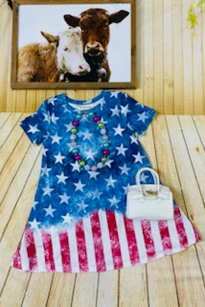 luluclothes - XCH0020-4H Kids blue star & red striped 4th of july dress: XXL-6/7