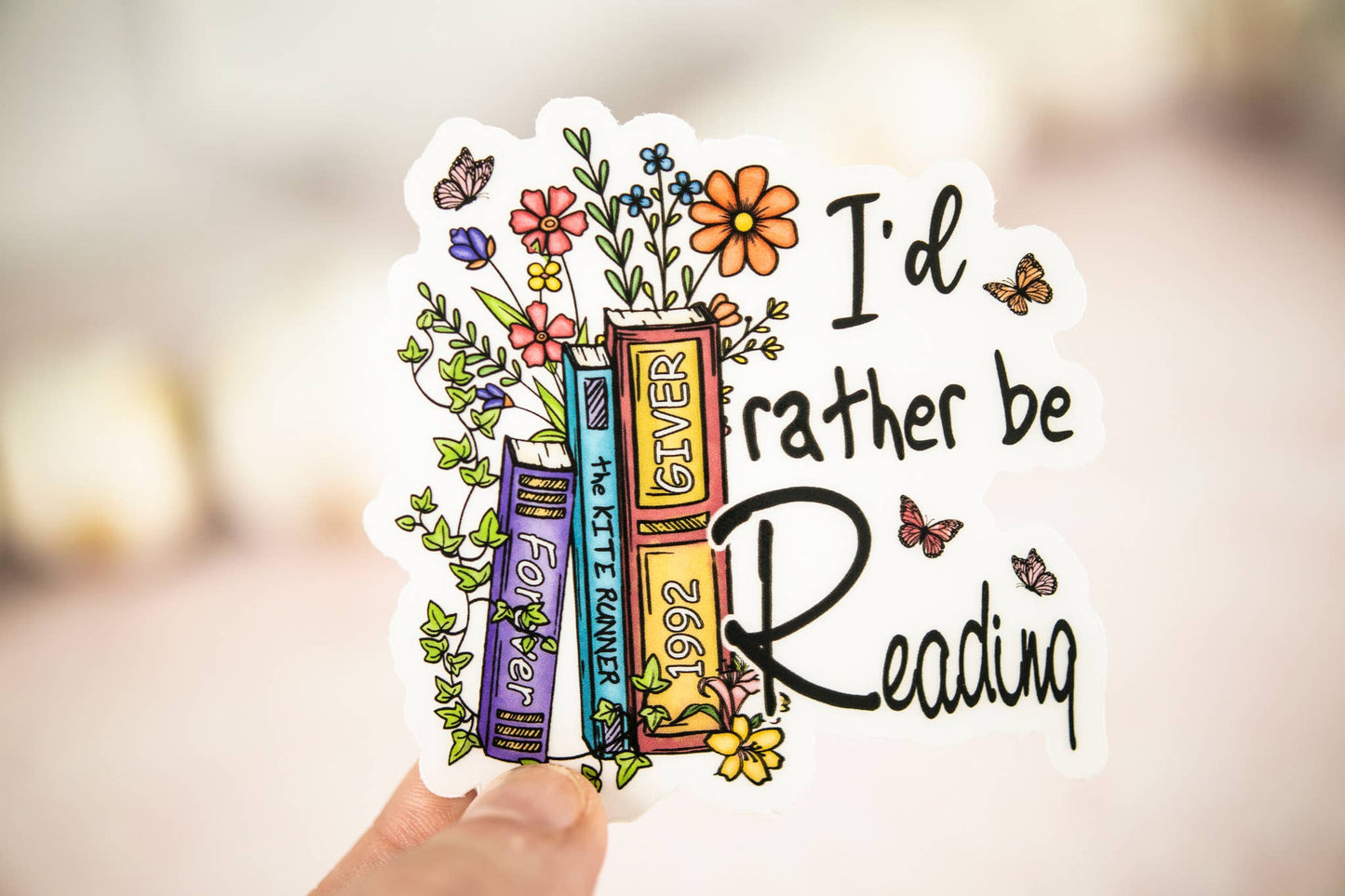 Savannah and James Co - I'd Rather Be Reading, Floral Books, Vinyl Sticker, 3x3 in.