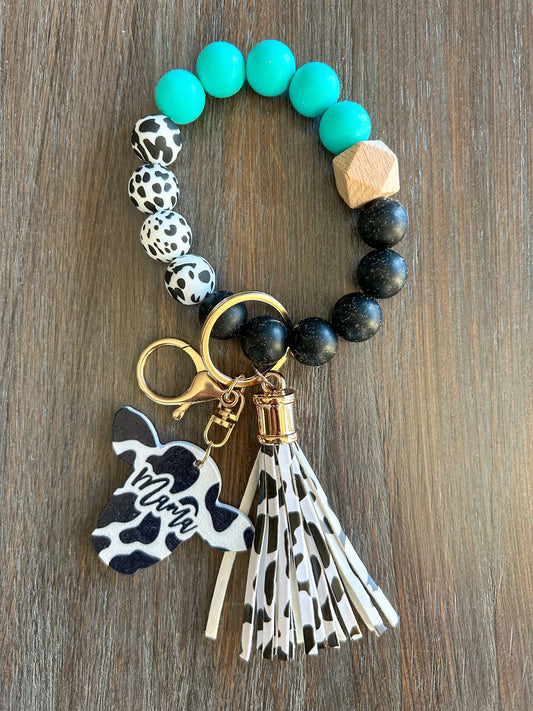 Cow Mama Keychain Wristlet: Teal