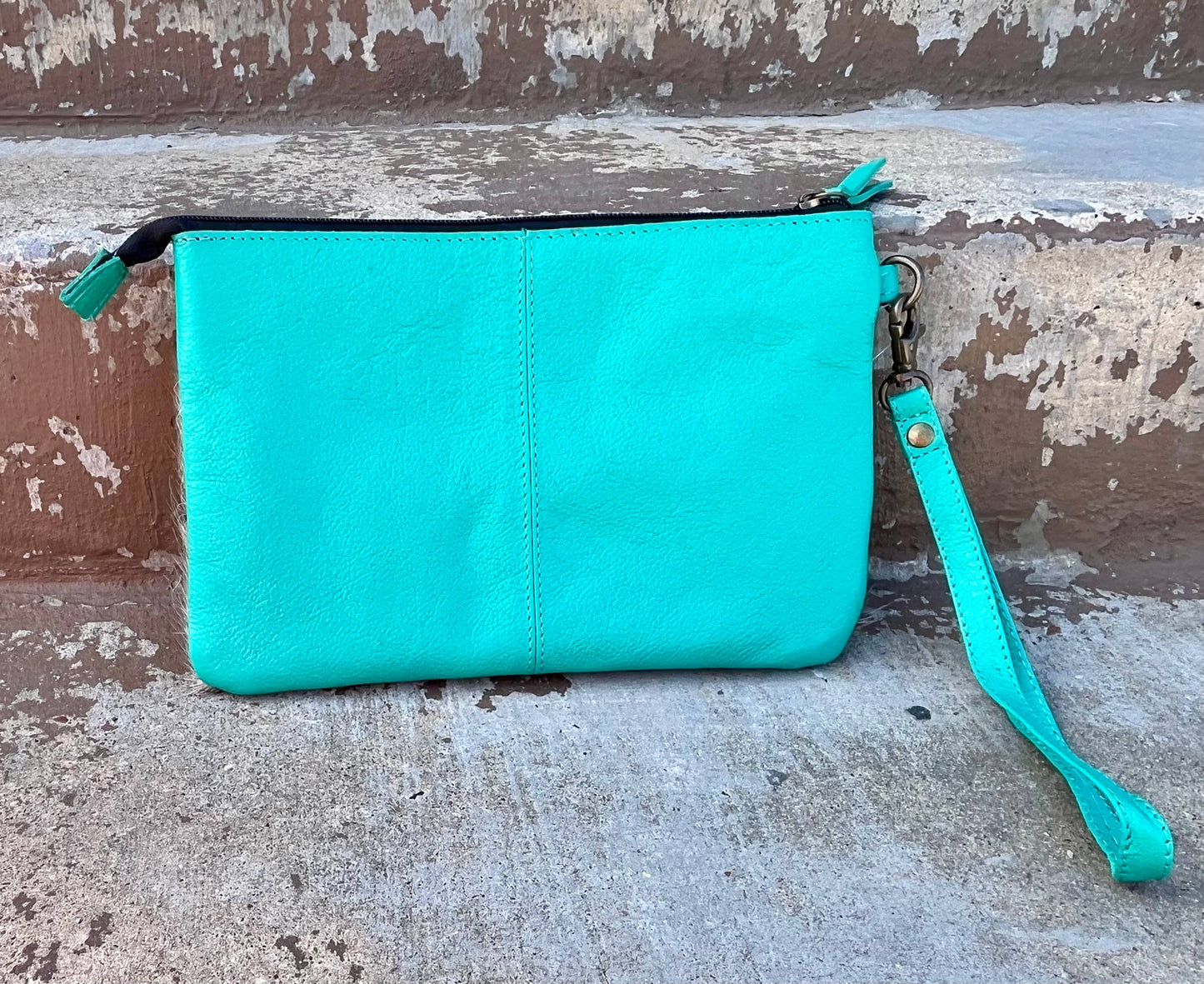 Tooled Cowhide Wristlet Pouch: Turquoise