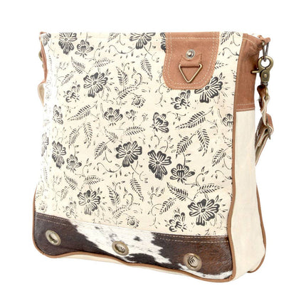 Cream Shoulder Bag With Cowhide Trim And Flowers