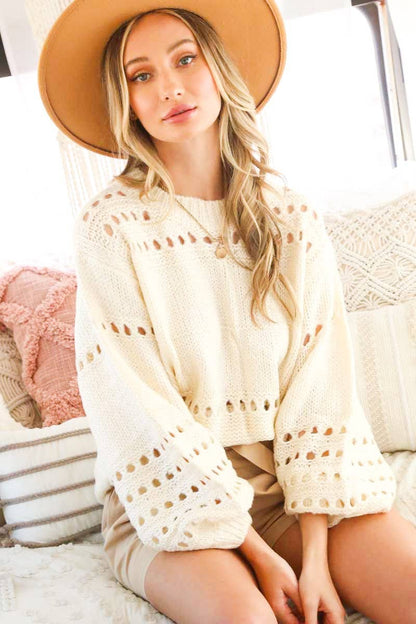 Balloon sleeved open-knit sweater top