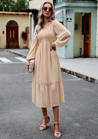 - Apricot Casual V-Neck Lantern Sleeve Long Dress