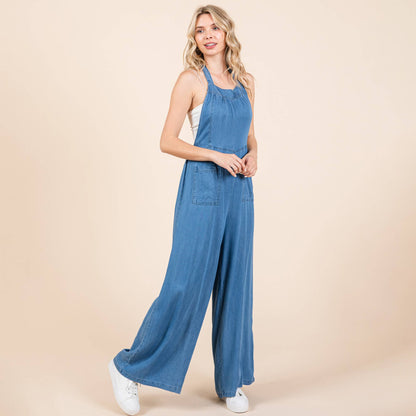 Chambray Open Back Halter Neck Wide Leg Jumpsuit