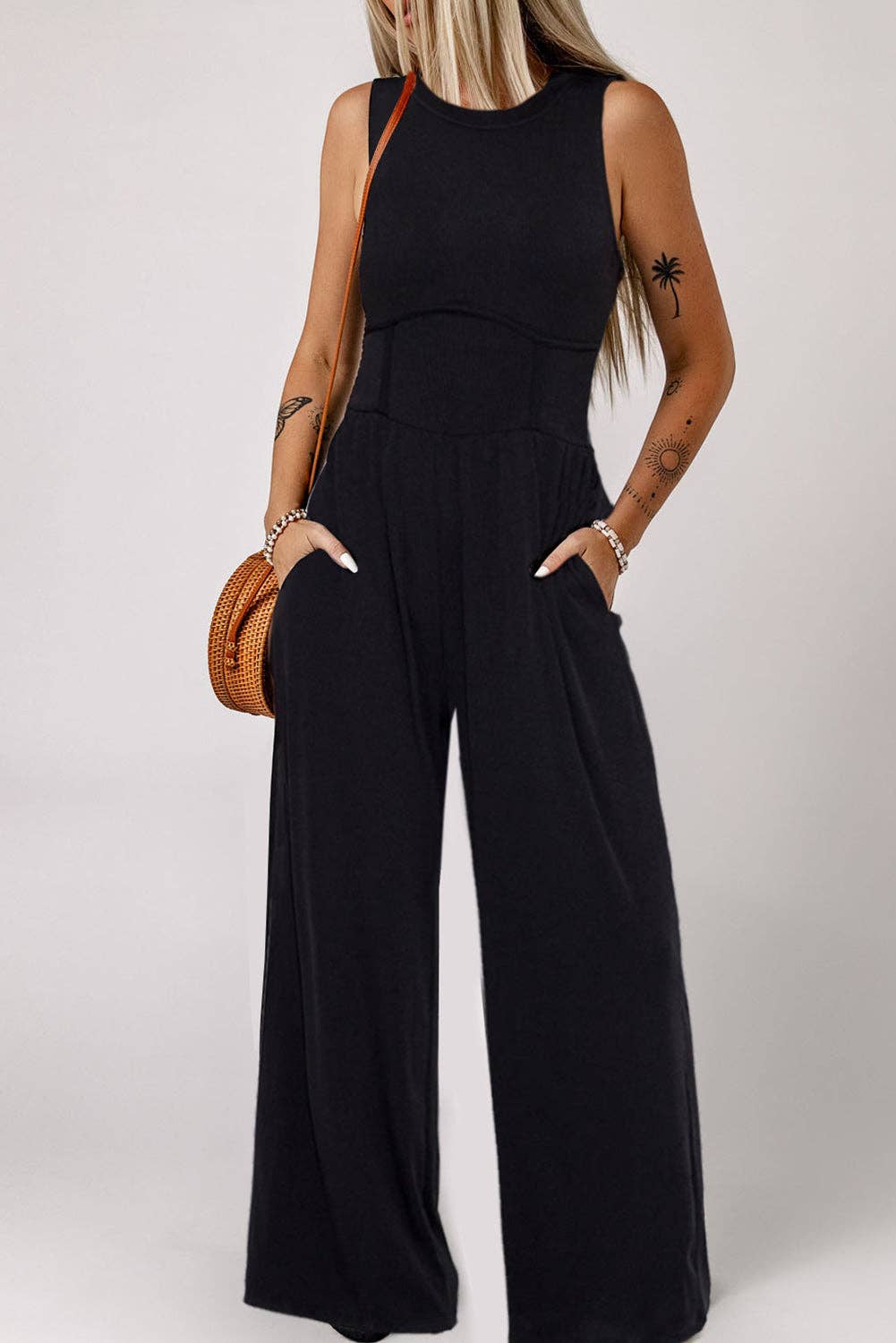 Black Sleeveless Cinched Waist Wide Leg Jumpsuit