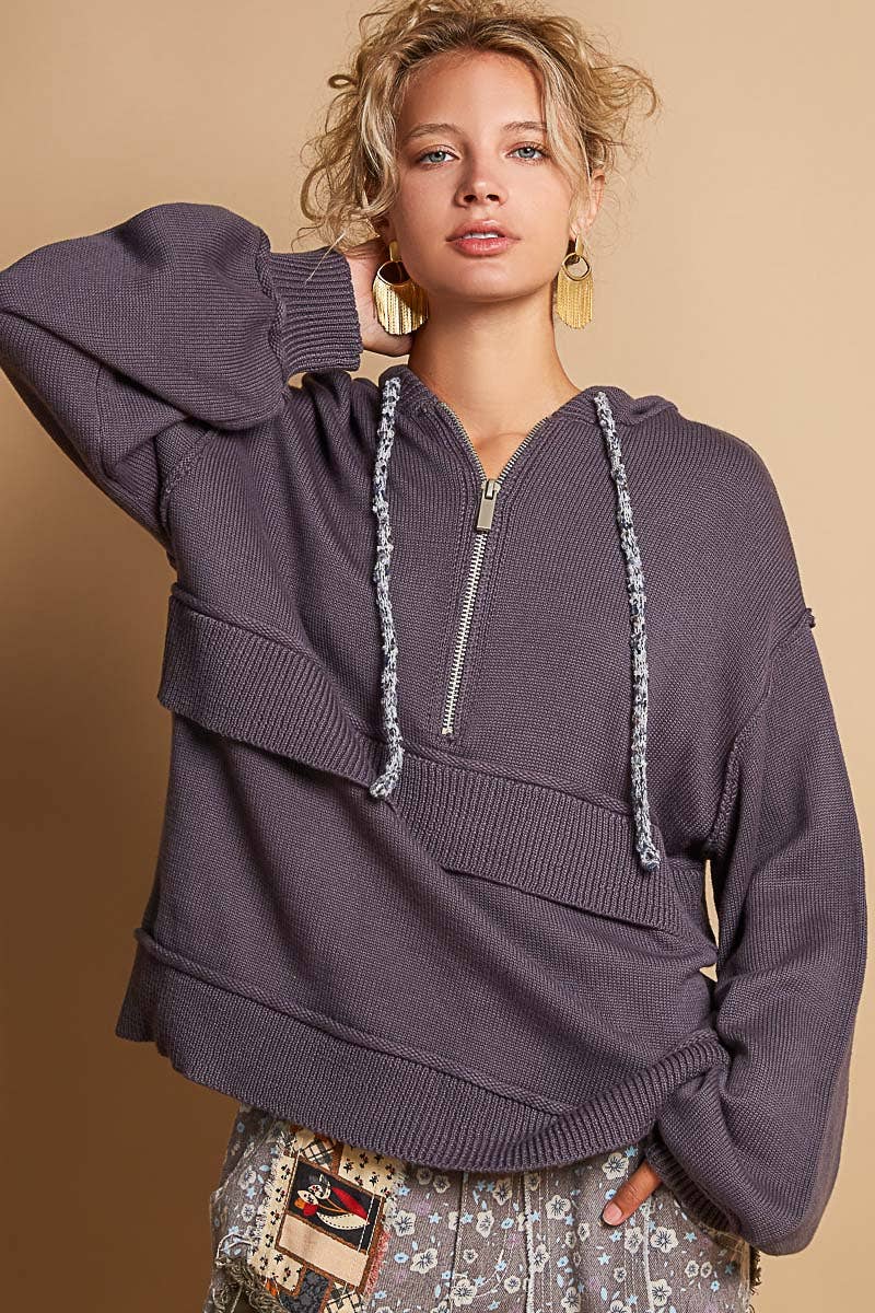 Balloon sleeve half zip up hoodie sweater top